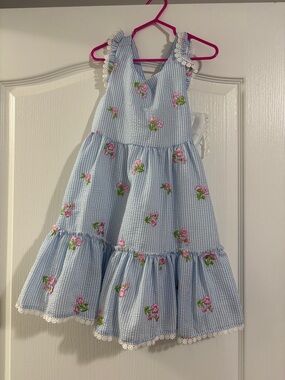 Rare Editions Blue Seersucker Dress with Pink Floral Embroidery